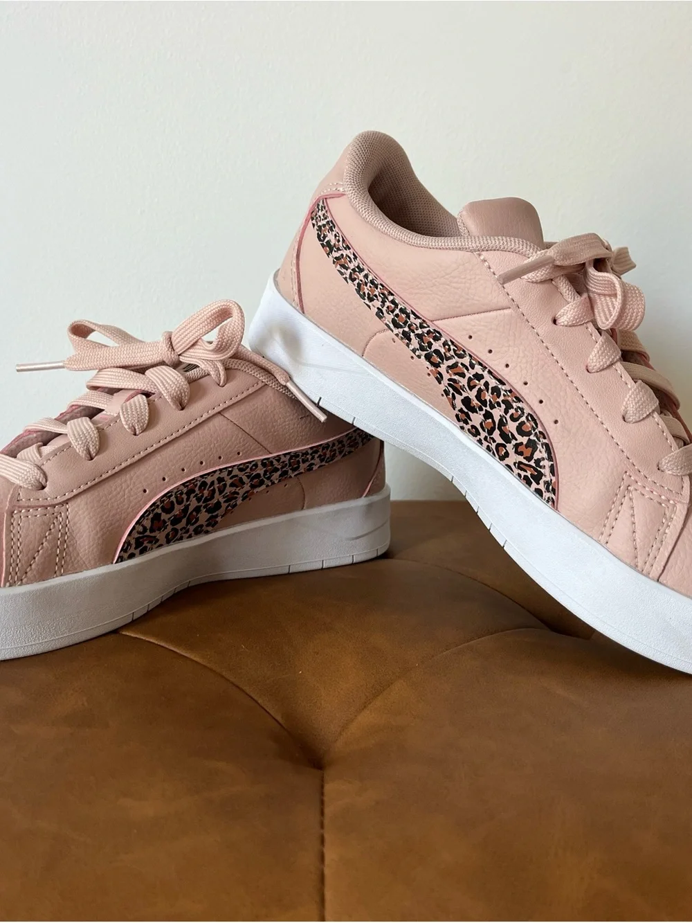 Puma Girls Blush Pink Sneakers with Leopard-Print Stripe